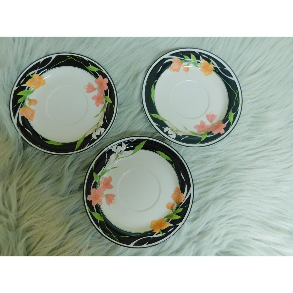 Lot of 4 Sango Memories Saucers Plate Floral Black Pink White Floral 6 7/8" Wide